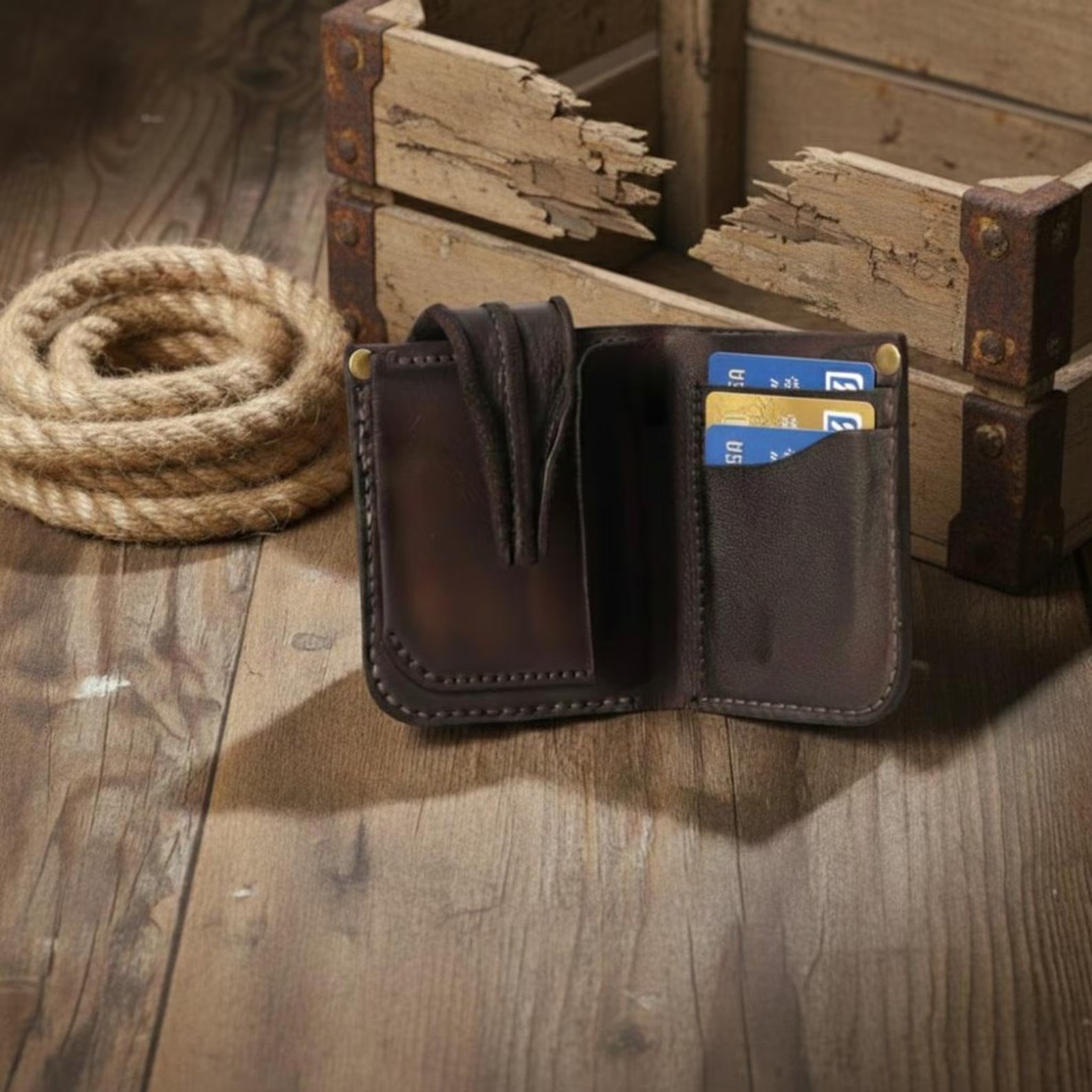 Leather Wallet for Men Handmade Minimalist Rugged Brown Wallet - Image 2