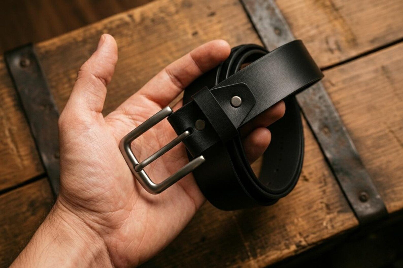 Mens Black Leather Belt The Midnight Belt with Silver Buckle Calfskin