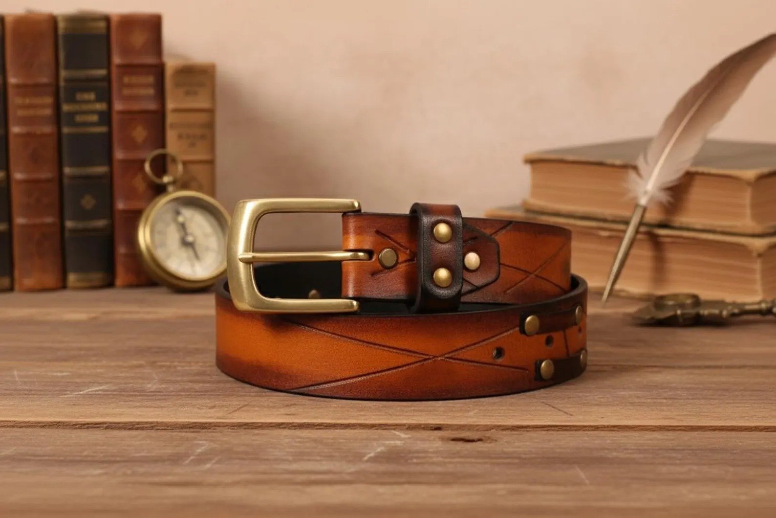 Men's Leather Belt Handcrafted X-Pattern Embossed Belt Everyday Belt - Image 2