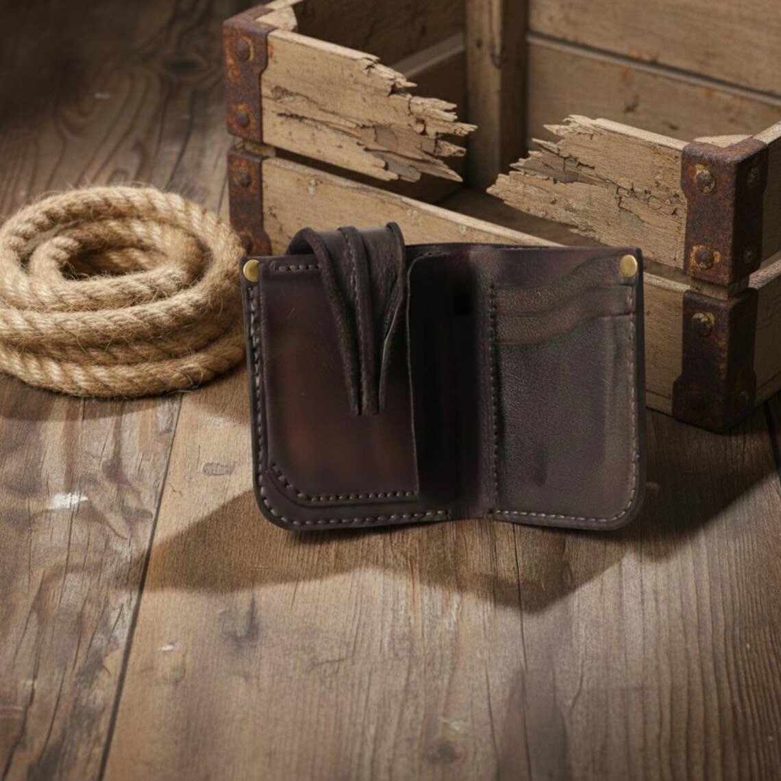 Leather Wallet for Men Handmade Minimalist Rugged Brown Wallet - Image 3
