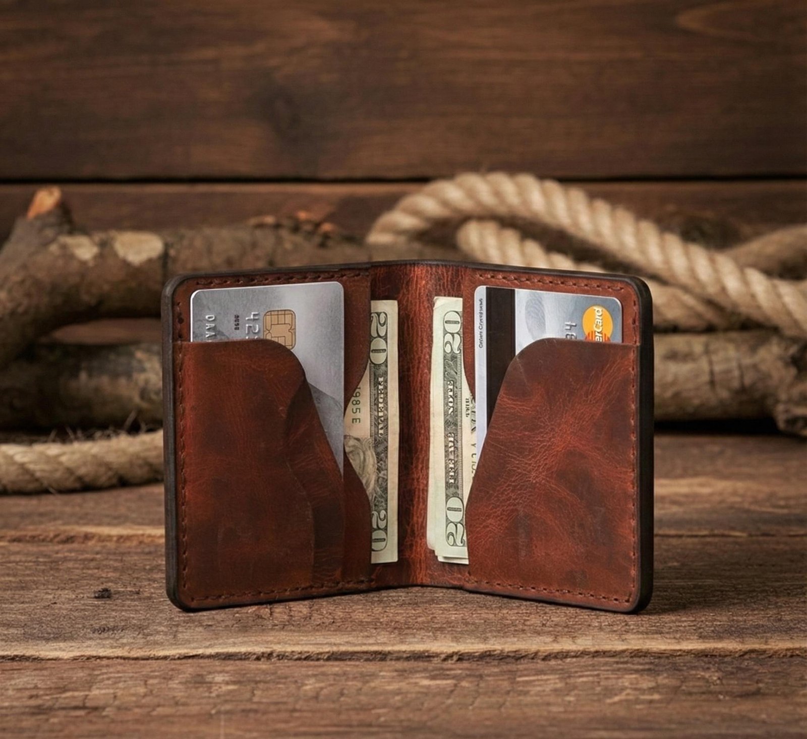 Minimalist Leather Wallet for Men Classic Bifold brown Wallet - Image 3