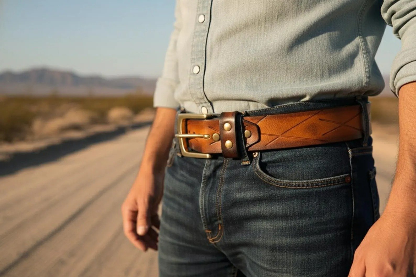 Men's Leather Belt Handcrafted X-Pattern Embossed Belt Everyday Belt - Image 3