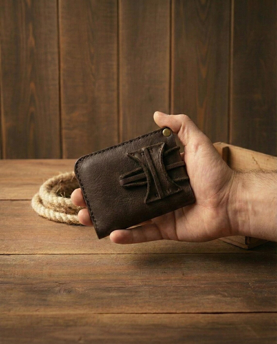 Leather Wallet for Men Handmade Minimalist Rugged Brown Wallet - Image 4